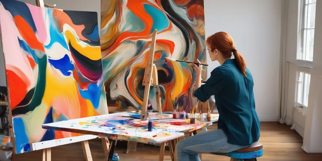artist painting in a studio with digital tools and music elements